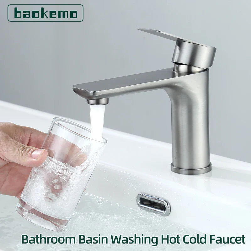 Stainless steel single-handle bathroom faucet with deck-mounted installation and modern sleek design