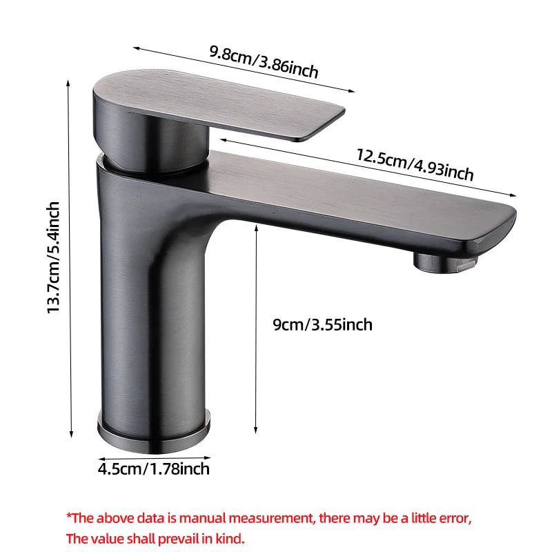 Modern matte black stainless steel bathroom faucet with single-handle deck-mounted installation and sleek minimalist design