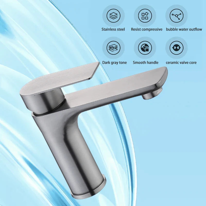 Modern single-handle bathroom faucet in sleek dark gray stainless steel for deck-mounted installation