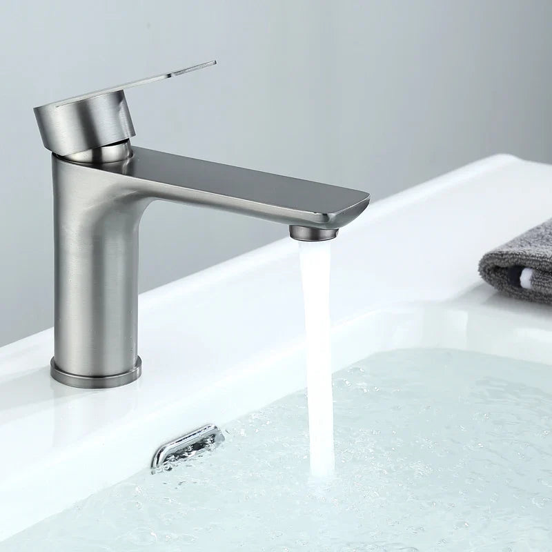 Modern brushed nickel stainless steel bathroom faucet with single-handle and deck-mounted installation design