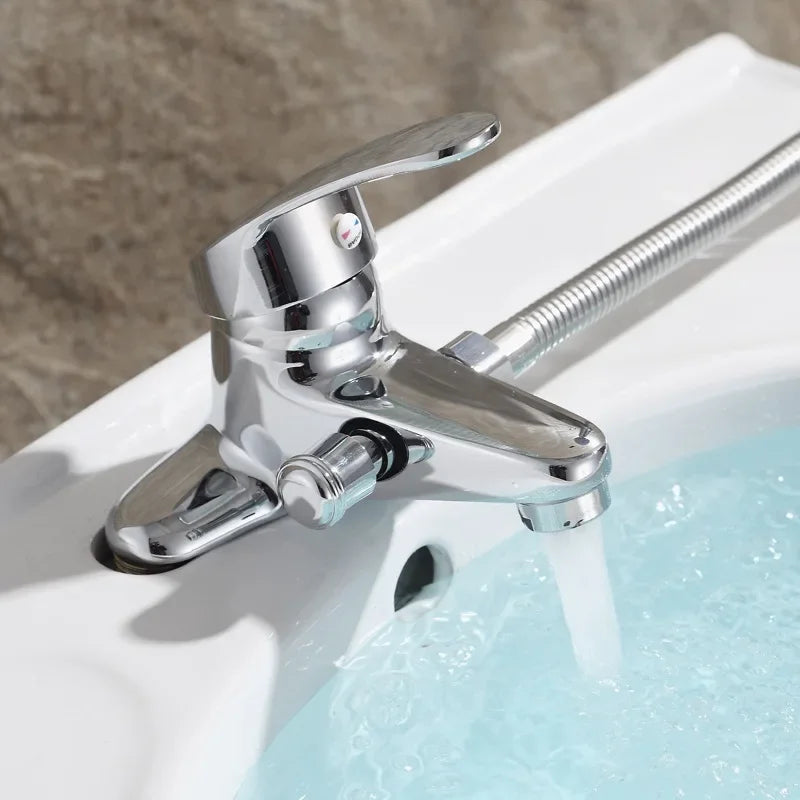 Chrome finished deck mounted bathroom mixer faucet with single handle and flexible hose for hot and cold water use