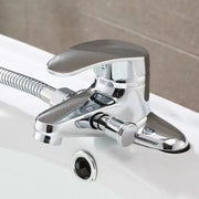 Chrome finished deck mounted single-handle bathroom mixer faucet with flexible hose and integrated spout for washbasin use