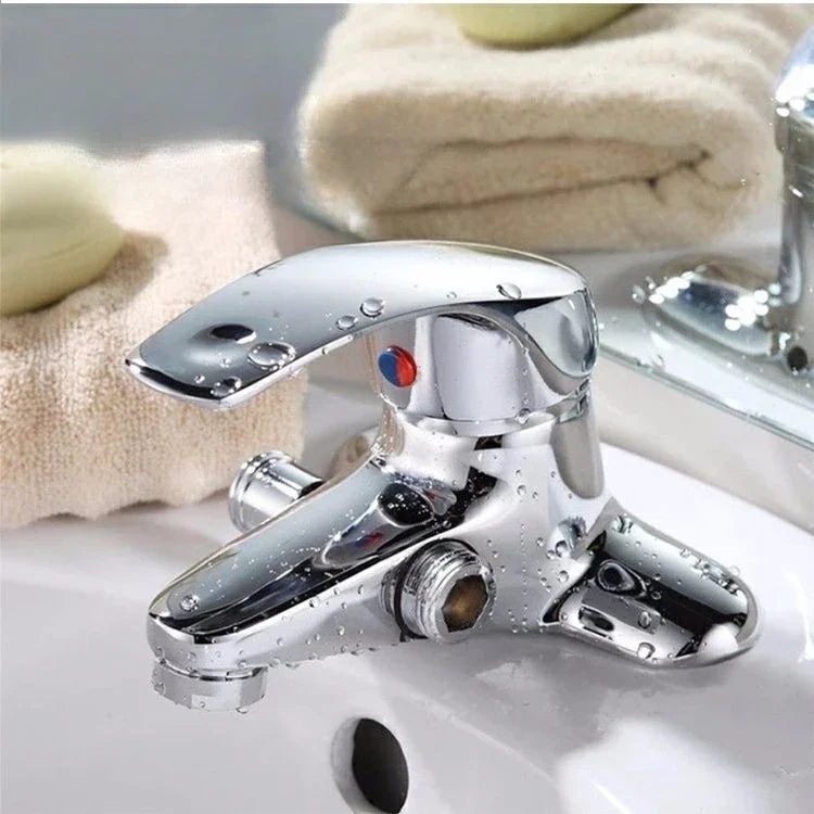 Chrome finish deck mounted single-handle bathroom mixer faucet with red and blue temperature indicator for washbasin