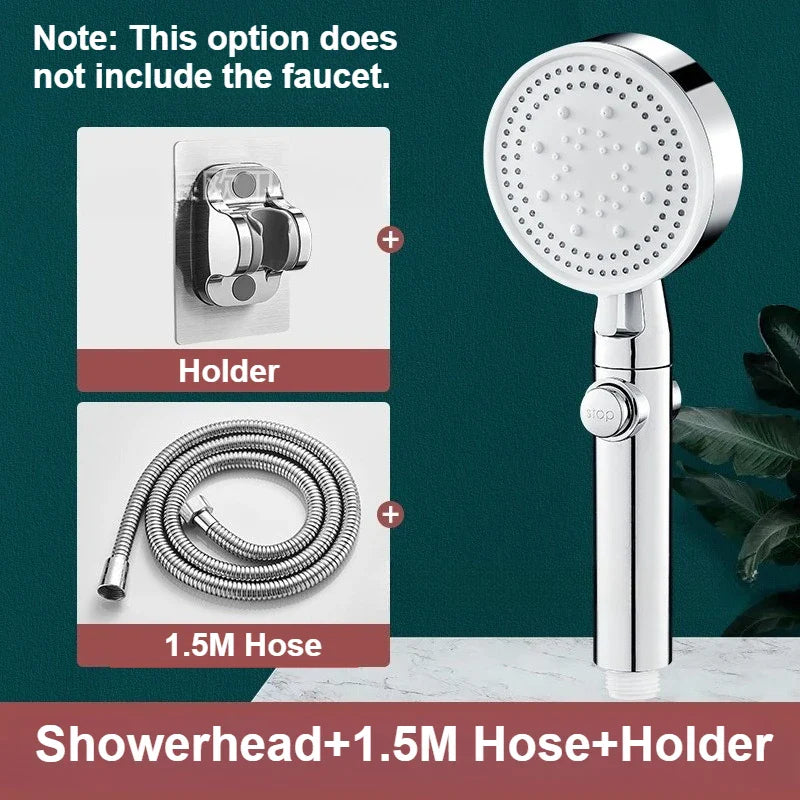 Chrome finished deck mounted handheld showerhead with circular face, multiple nozzles, and integrated control knob