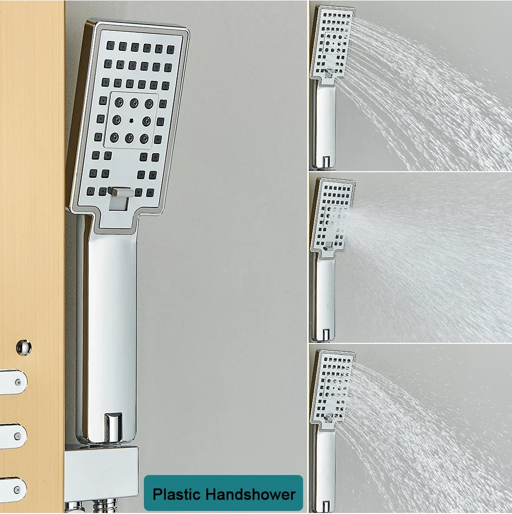 Modern chrome-finished handheld showerhead with black spray nozzles and control buttons in bathroom shower panel set led