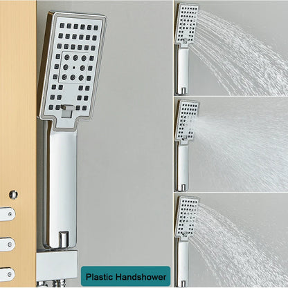 Modern chrome-finished handheld showerhead with black spray nozzles and control buttons in bathroom shower panel set led