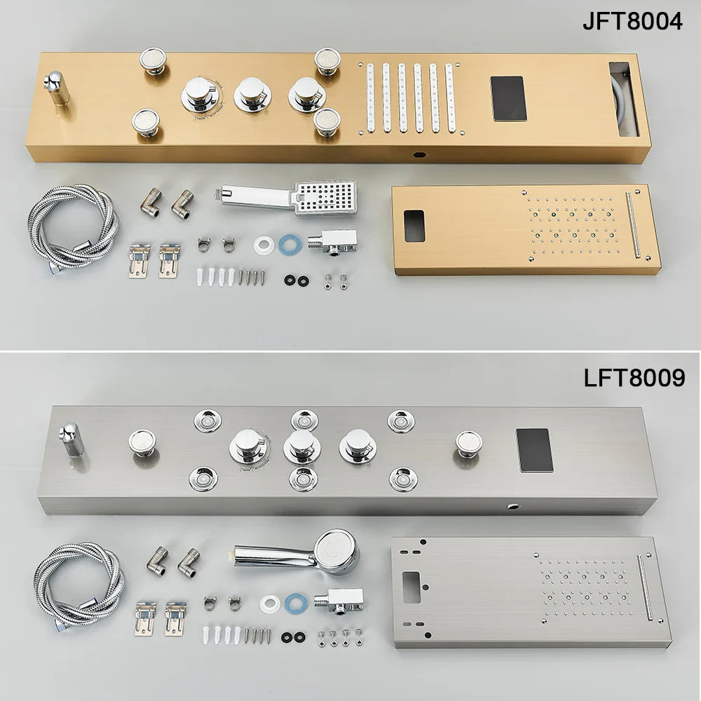 Gold-finished jft8004 and silver-finished lft8009 bathroom shower panel set led with matching knobs handheld showerheads and hardware