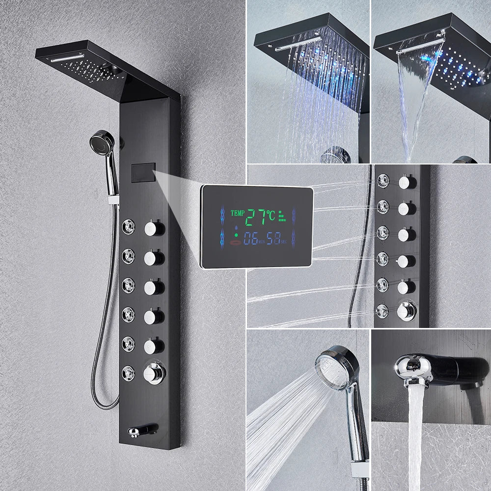 Black modern bathroom shower panel set with digital display and multiple spray settings for enhanced shower experience