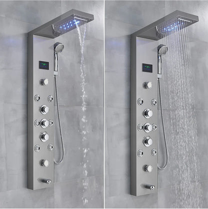 Modern chrome-finished bathroom shower panel set led with rectangular rain shower head and multiple control knobs