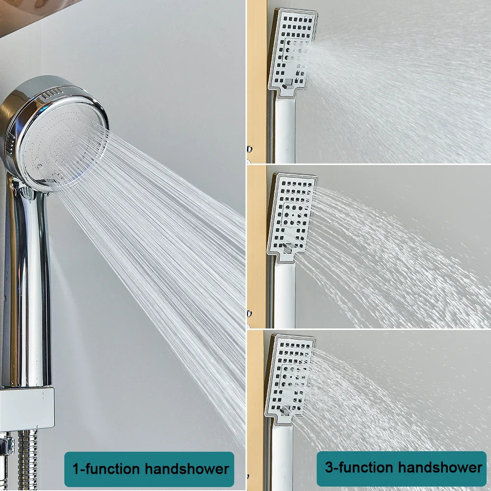Chrome finished sleek modern handheld showerhead with circular face for one function in bathroom shower panel set led
