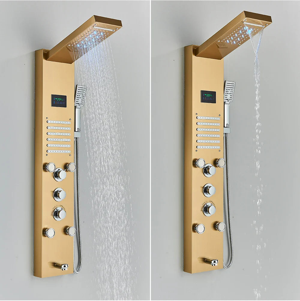 Gold-finished bathroom shower panel set led with multiple control knobs handheld and overhead rain shower heads wall mounted