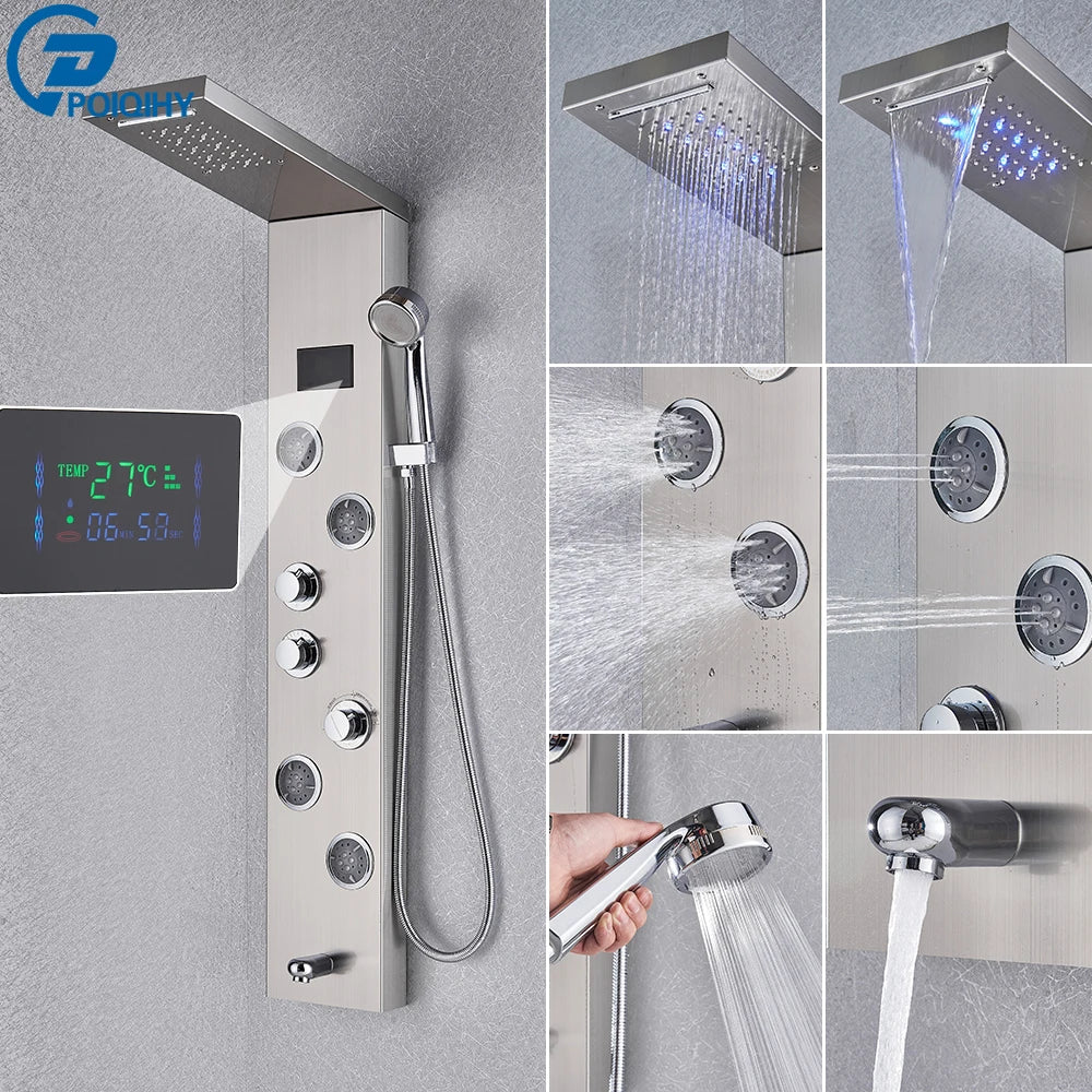 Bathroom shower panel set stainless steel rain shower system with digital temperature display and multiple spray settings