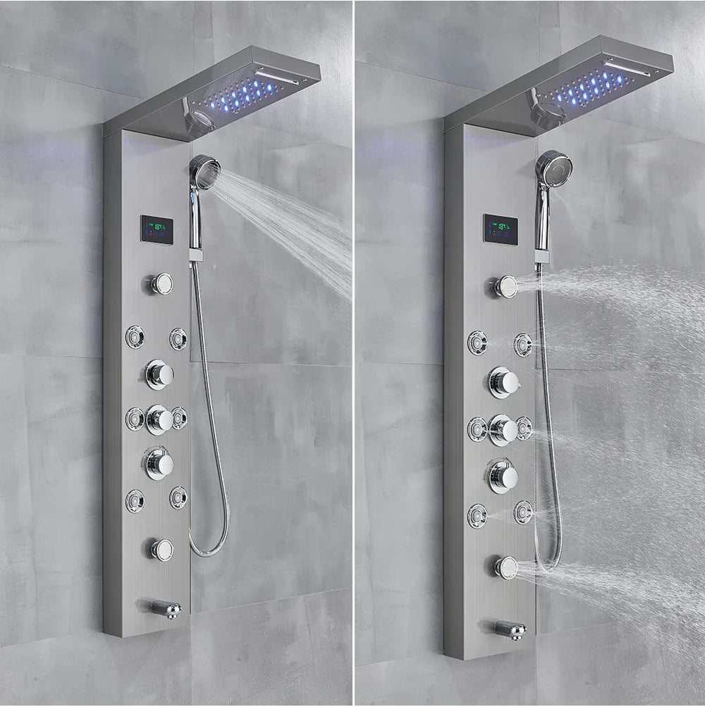Modern stainless steel bathroom shower panel set with rectangular rainhead, multiple knobs, and integrated digital display