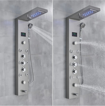 Modern stainless steel bathroom shower panel set with rectangular rainhead, multiple knobs, and integrated digital display