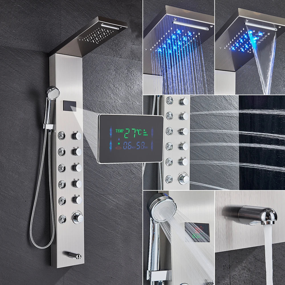 Modern stainless steel bathroom shower panel set with digital display rain and waterfall spray modes and blue led lighting