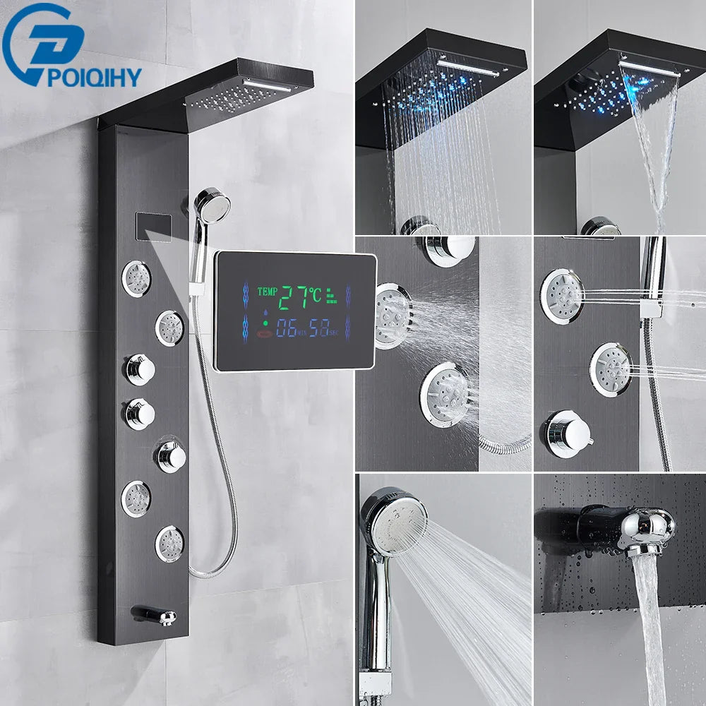 Black matte finish bathroom shower panel set with digital display and multiple spray heads for rain shower use