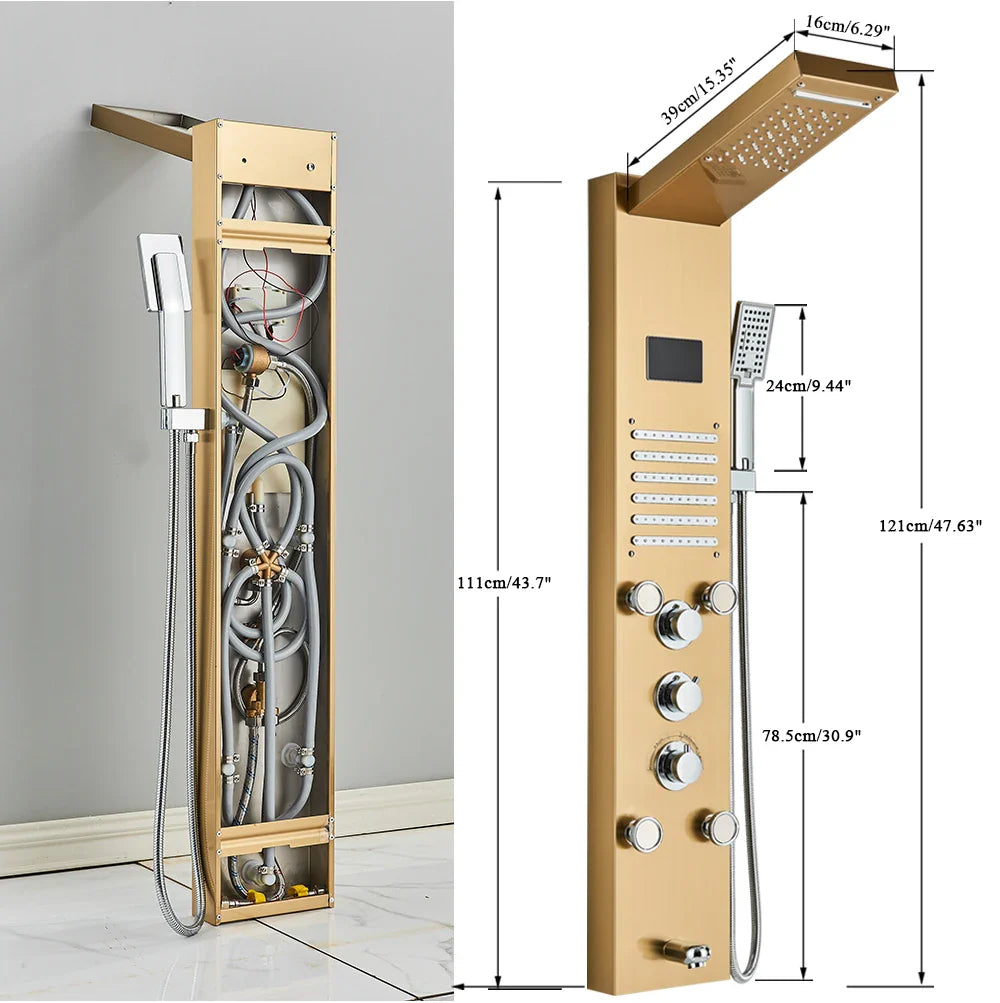 Gold-finished modern bathroom shower panel set led with large rectangular rainhead and multiple handheld spray heads