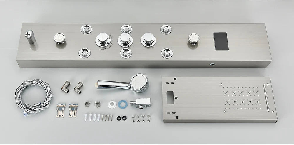 Chrome finished bathroom shower panel set led with multiple control knobs and handheld showerhead for versatile use