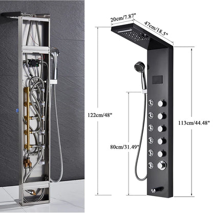 Black chrome bathroom shower panel set led with large rectangular rainhead, multiple knobs, and handheld showerhead attached