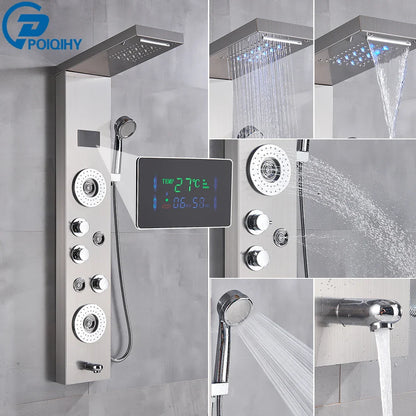 Stainless steel bathroom shower panel set led with digital display and multiple spray settings in silver finish