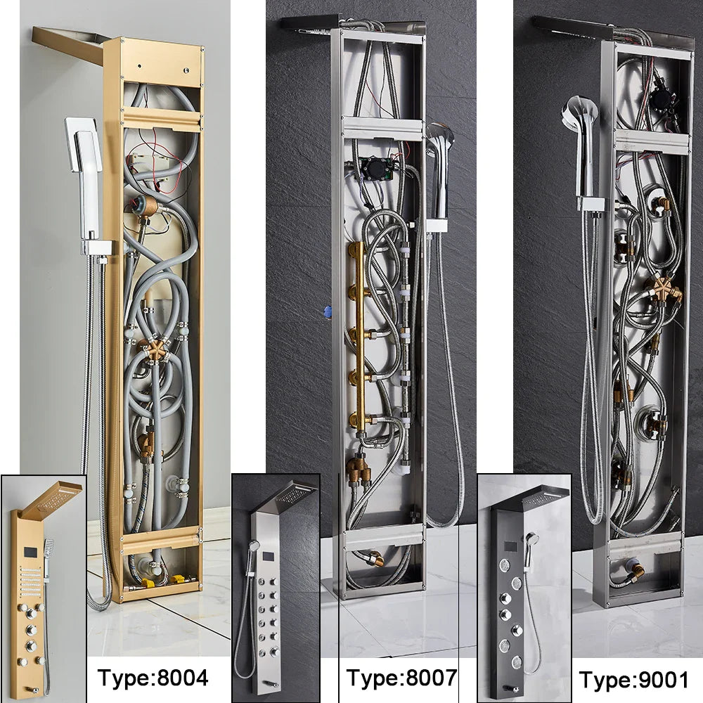 Modern bathroom shower panel set led with wall-mounted gold silver and chrome finishes integrated controls and spray heads