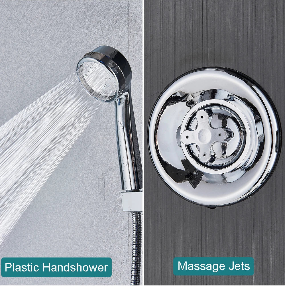 Chrome-finished handheld showerhead with sleek modern design and integrated massage jets in bathroom shower panel set led