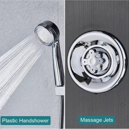Chrome-finished handheld showerhead with sleek modern design and integrated massage jets in bathroom shower panel set led