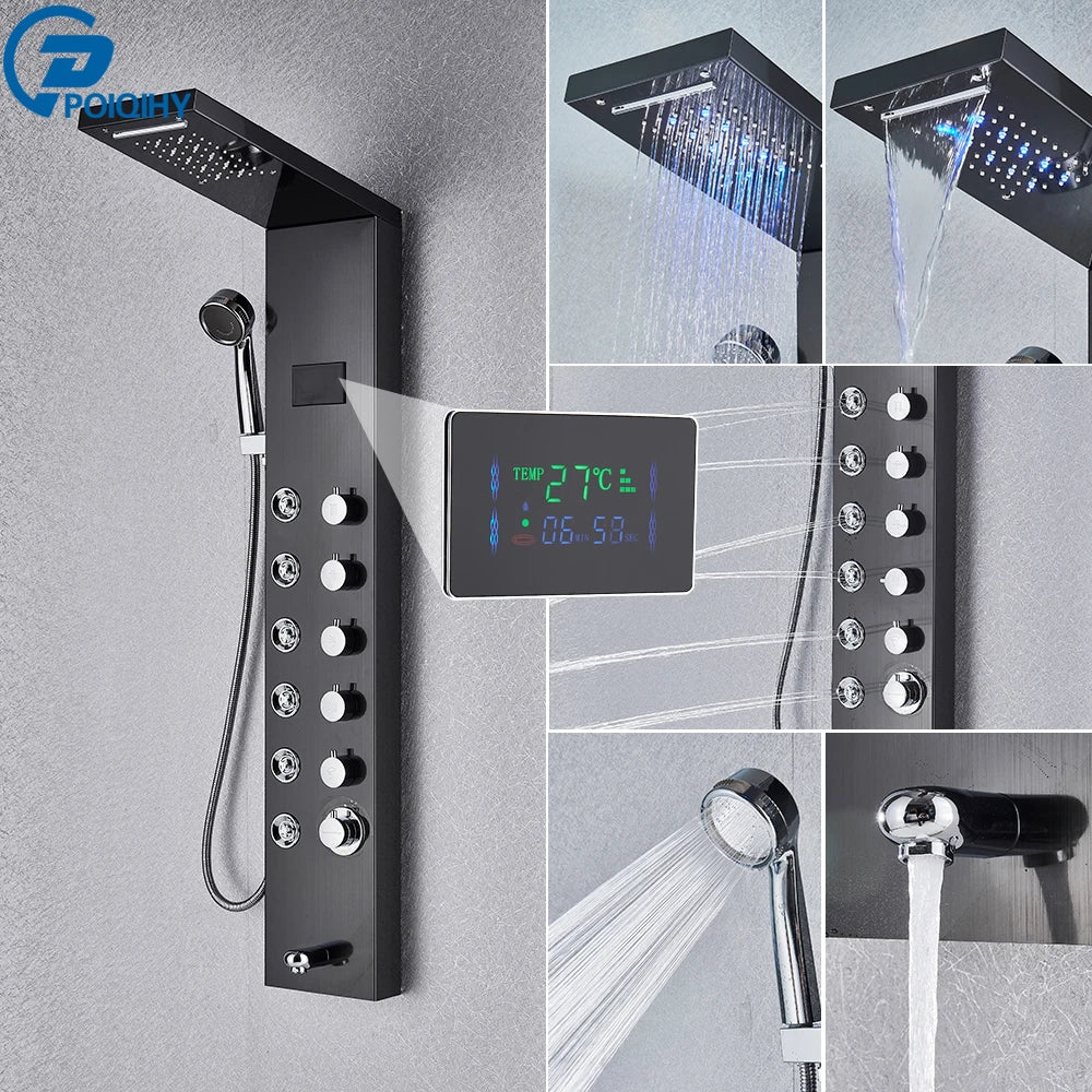 Black matte finish bathroom shower panel set with digital display and multiple spray settings for rain shower use