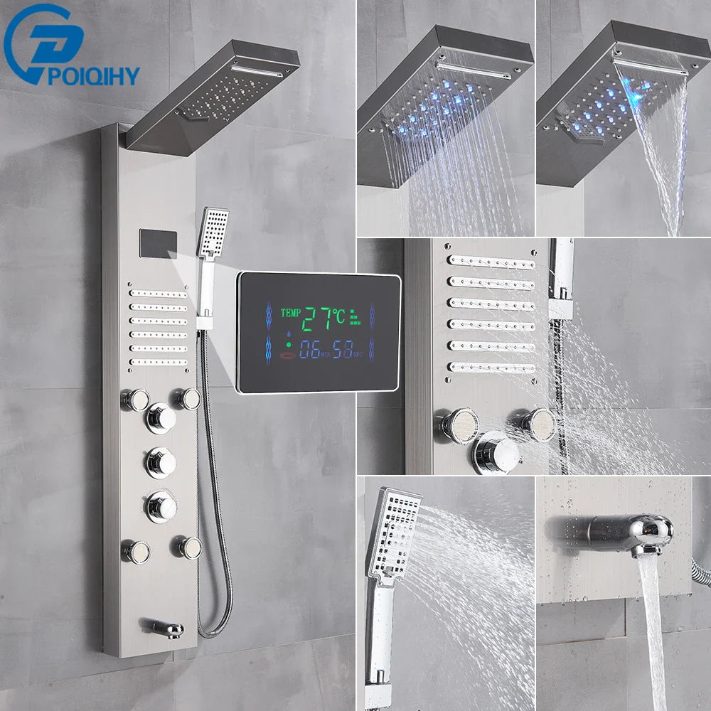 Stainless steel bathroom shower panel set led with digital display and multiple spray settings for rain shower use