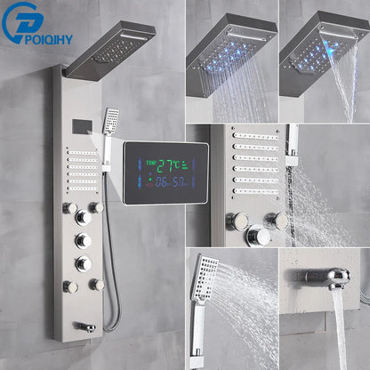 Stainless steel bathroom shower panel set led with digital display and multiple spray settings for rain shower use