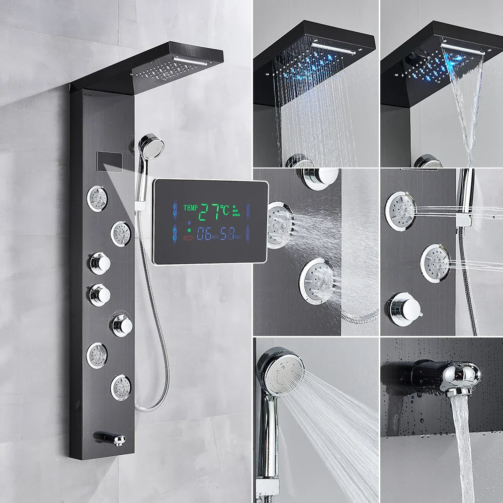 Black chrome bathroom shower panel set with digital display and multiple spray heads for modern bathroom use