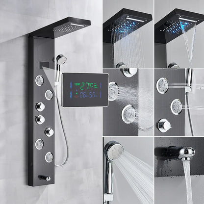 Black chrome bathroom shower panel set with digital display and multiple spray heads for modern bathroom use