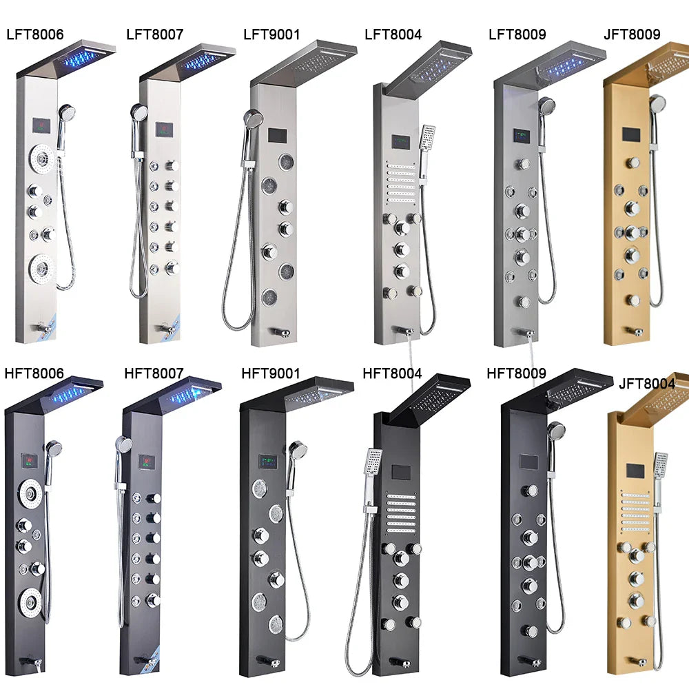 Modern chrome and gold finished bathroom shower panel set led with multiple spray heads control knobs and digital displays