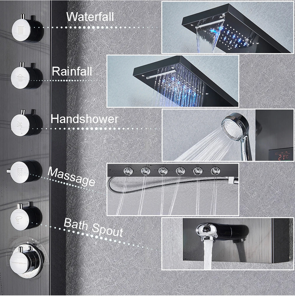 Black chrome bathroom shower panel set led with multiple spray heads including waterfall rainfall handshower massage jets and bath spout