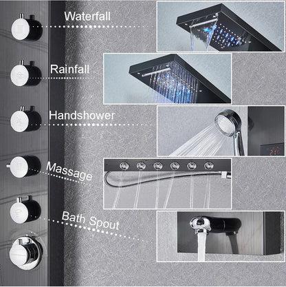 Black chrome bathroom shower panel set led with multiple spray heads including waterfall rainfall handshower massage jets and bath spout