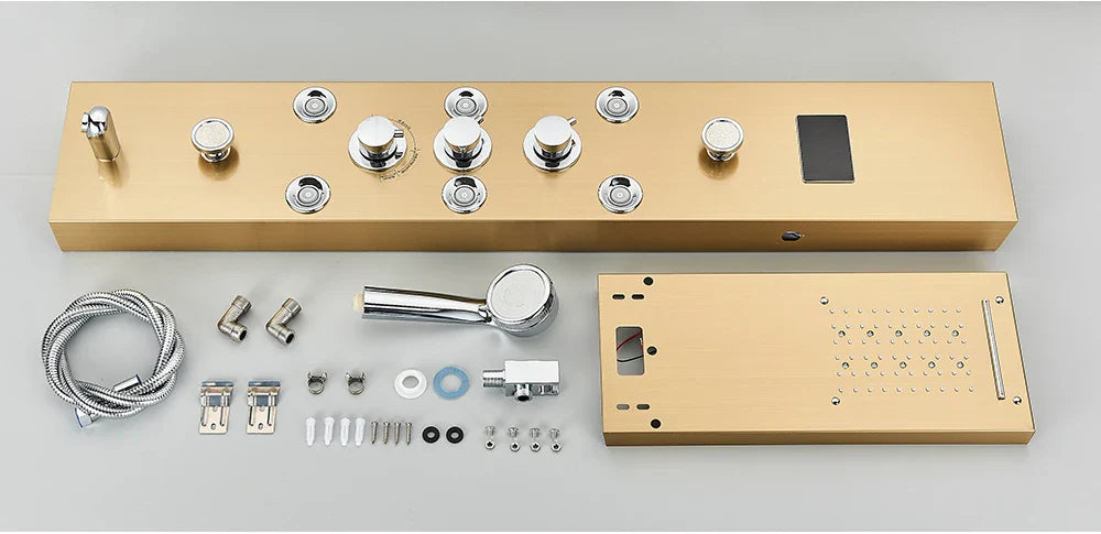 Gold-colored modern bathroom shower panel set led with multiple control knobs and sleek design for luxurious use