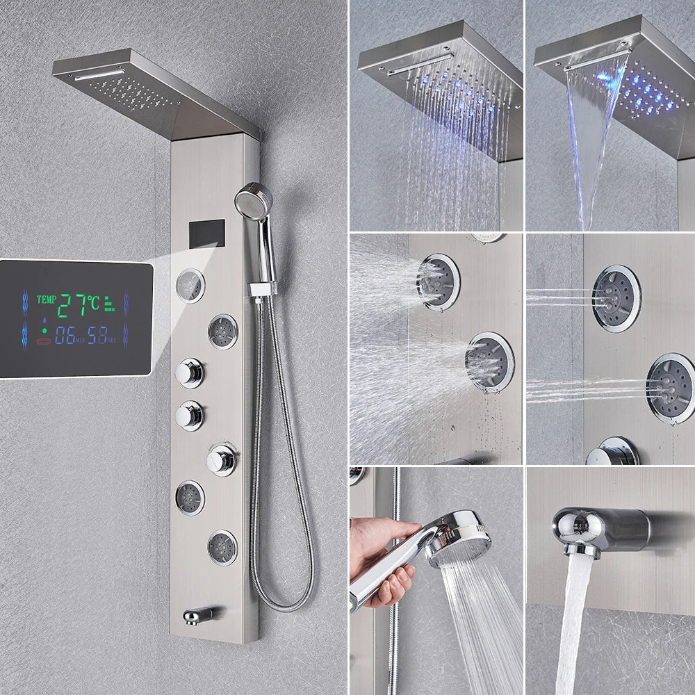 Modern stainless steel bathroom shower panel set with digital temperature display and multiple spray settings