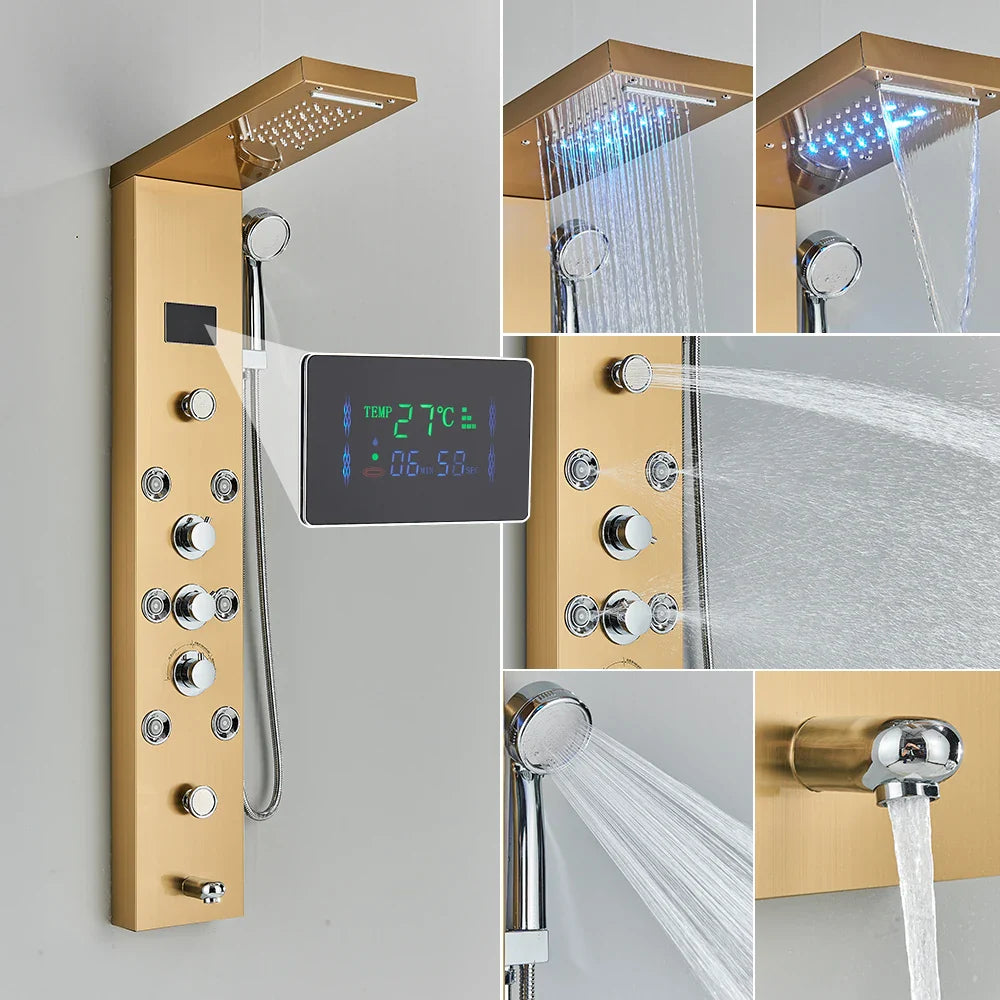 Gold-finished bathroom shower panel set with multiple spray settings digital temperature display and chrome accents