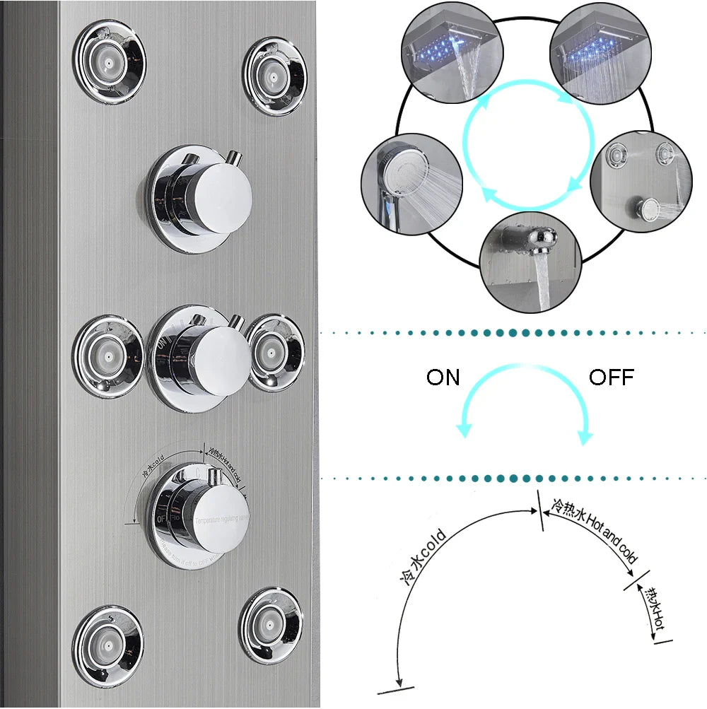 Stainless steel bathroom shower panel set led with multiple chrome knobs and controls for spray settings
