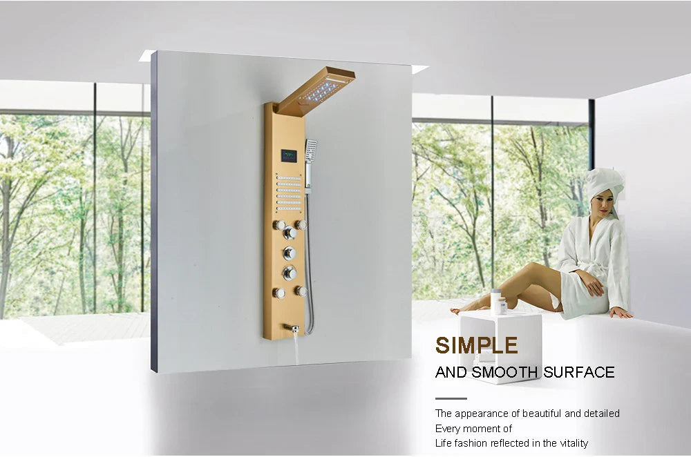 Gold-colored modern bathroom shower panel set led with multiple spray heads and control knobs for versatile use