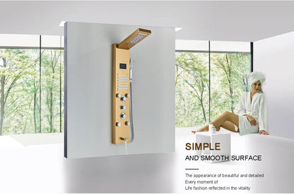 Gold-colored modern bathroom shower panel set led with multiple spray heads and control knobs for versatile use