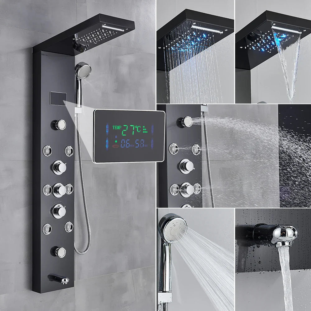 Black matte-finish bathroom shower panel set with chrome accents and digital temperature display LED panel