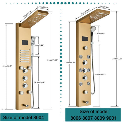 Gold-finished modern bathroom shower panel set led with multiple spray heads and control knobs for enhanced showering