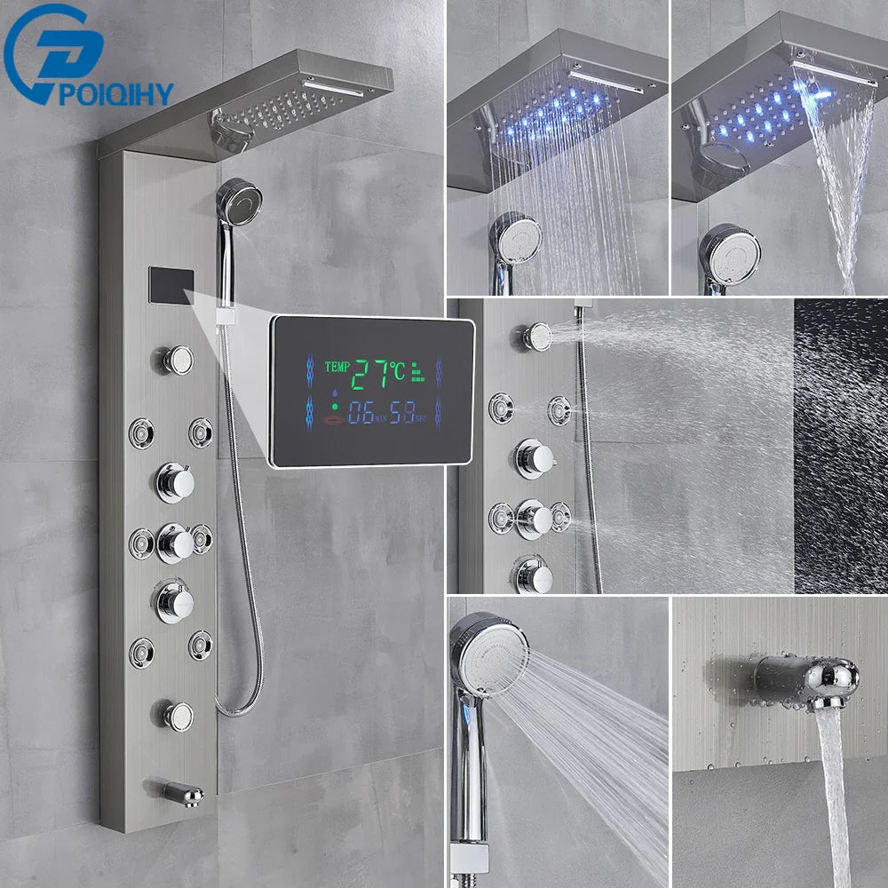Modern chrome-finished bathroom shower panel set with digital display and multiple spray settings for versatile use