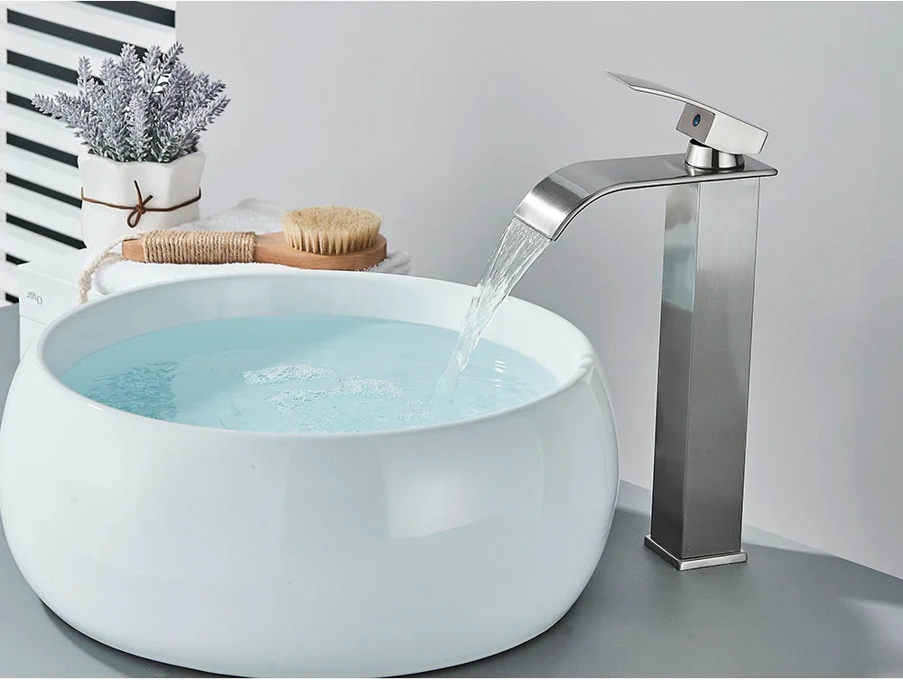 Modern bathroom sink faucet brass deck mount with chrome finish and stainless steel waterfall design with angular shape