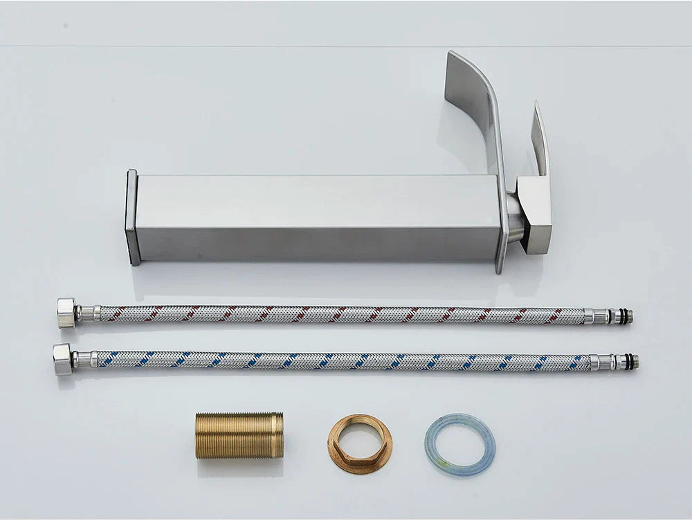 Modern brushed stainless steel bathroom sink faucet with waterfall design brass deck mount and braided supply hoses