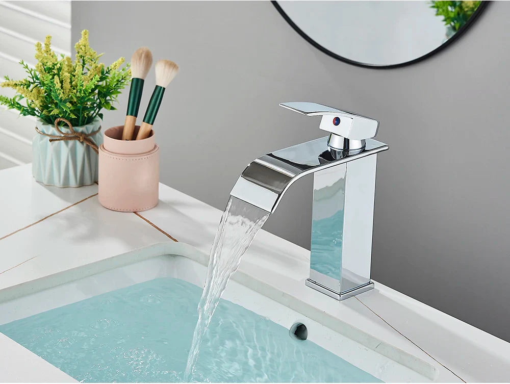 Bathroom sink faucet brass deck mount with chrome-finished waterfall design and stainless steel single handle control