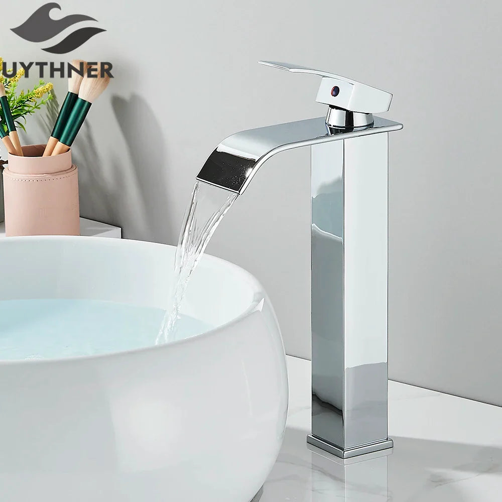 Bathroom sink faucet brass deck mount with chrome finished waterfall design single lever handle stainless steel style