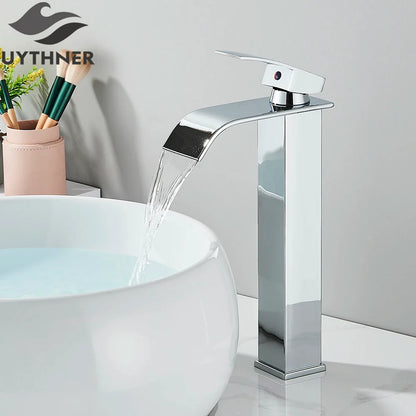 Bathroom sink faucet brass deck mount with chrome finished waterfall design single lever handle stainless steel style