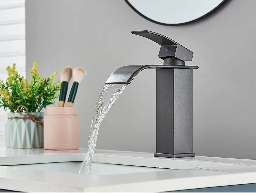 Modern matte black bathroom sink faucet brass deck mount with waterfall spout and stainless steel construction